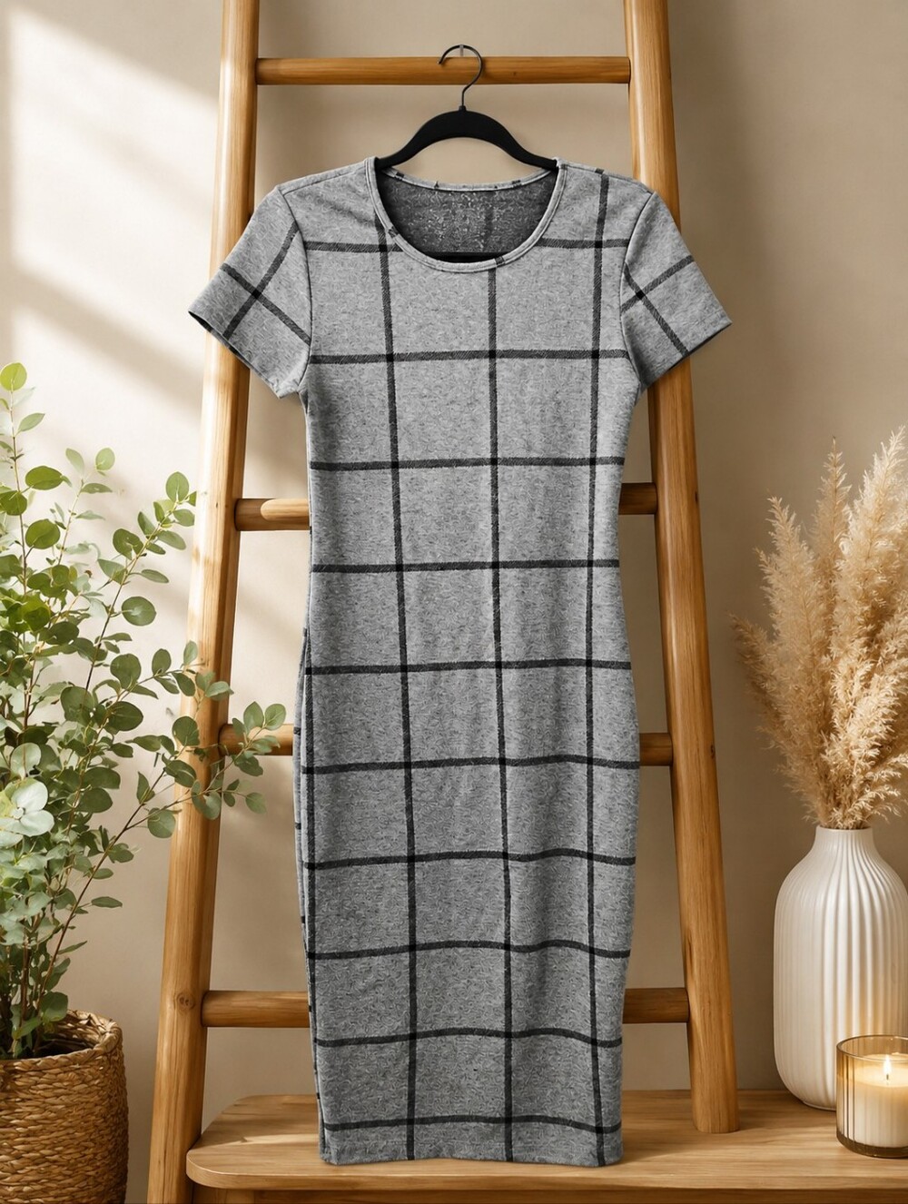 Gray Grid Knit Bodycon Midi Dress 90s Dark Academic Mod Goth Size Medium